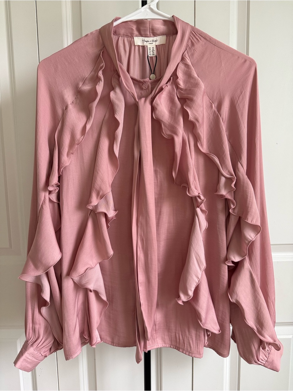 NWT Haver & Blair Dusty Pink Ruffle Blouse Tie-Neck Top Size XS